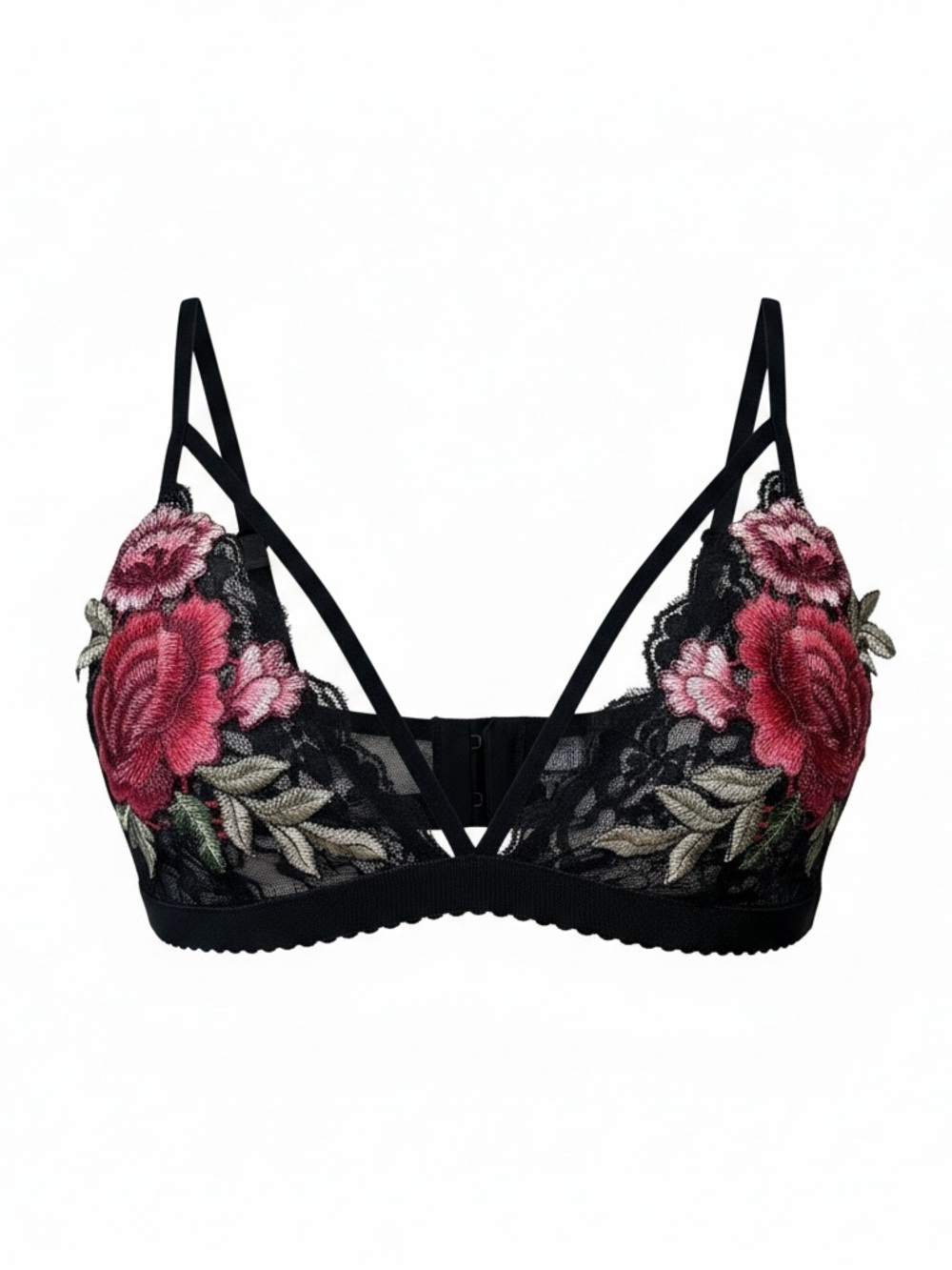 LANSHIFEI Floral Lace Bralette - Black with Red Embroidery XL